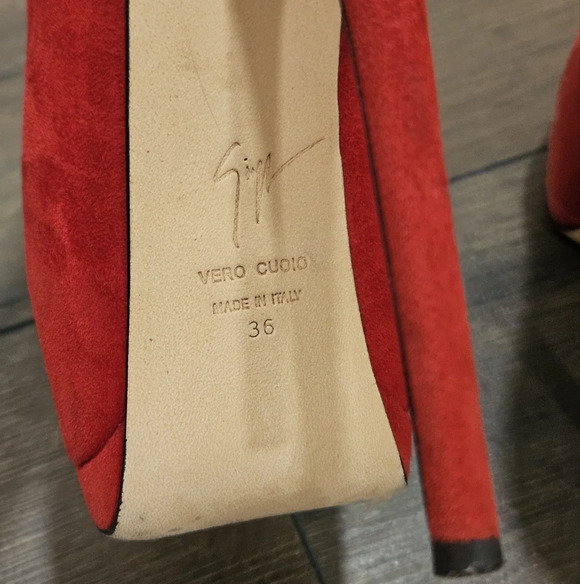 Giuseppe Zanotti Red Suede Peep Toe Platform Heels - Picture 9 of 13